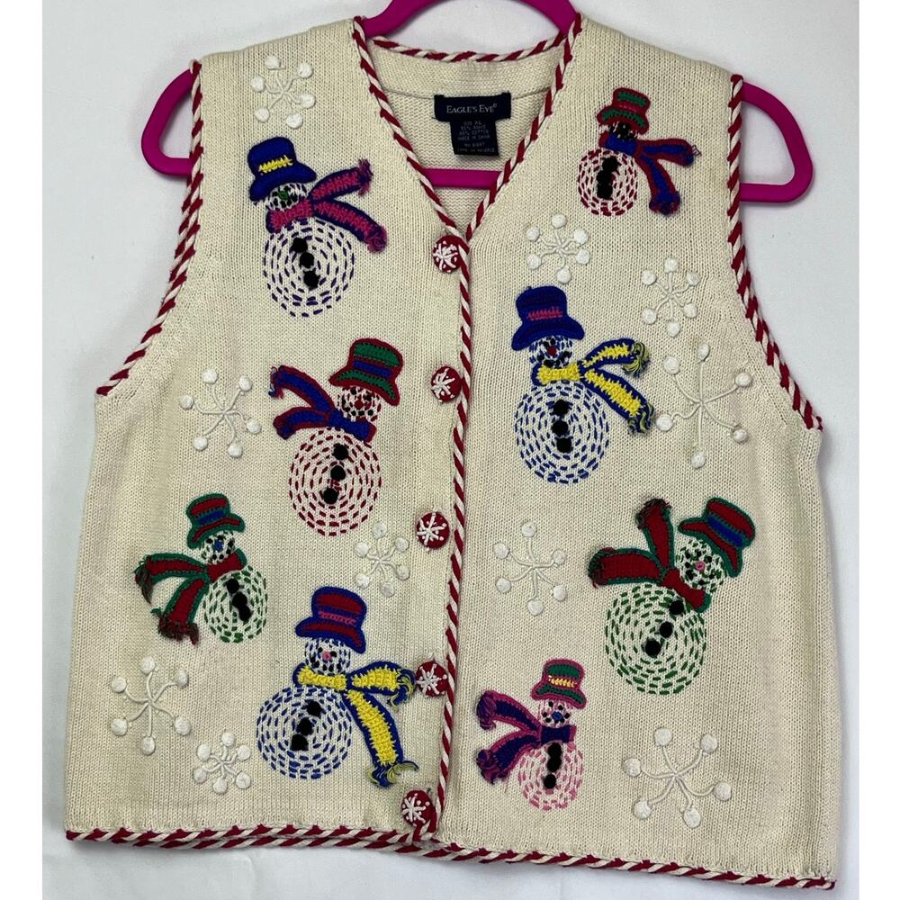 Vintage Eagle's Eye Women XL Cream Snowman Holiday Button Up Christmas Vest